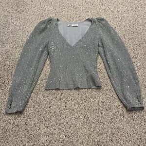 Zara Silver Puff Sleeve Sequin Top Sz XS Party Glam Casual Costume